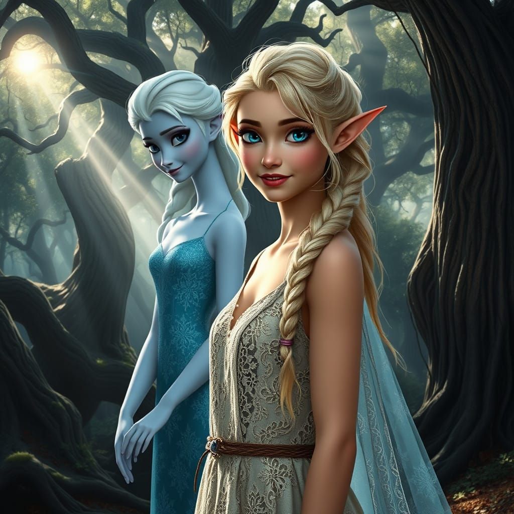 Ethereal Elf Maiden with Princess Elsa in Whimsical Enchante...