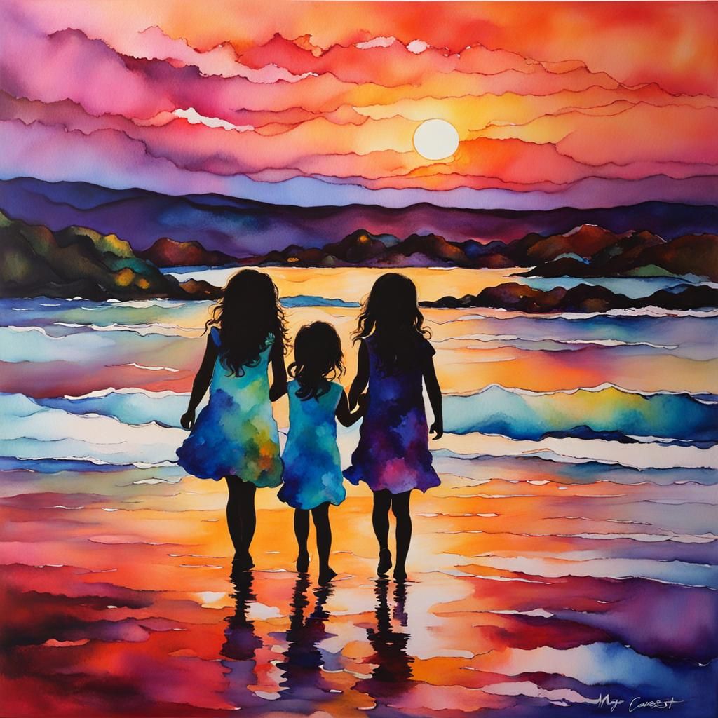 Sisters at Sunset: An Impressionistic Alcohol Ink Painting