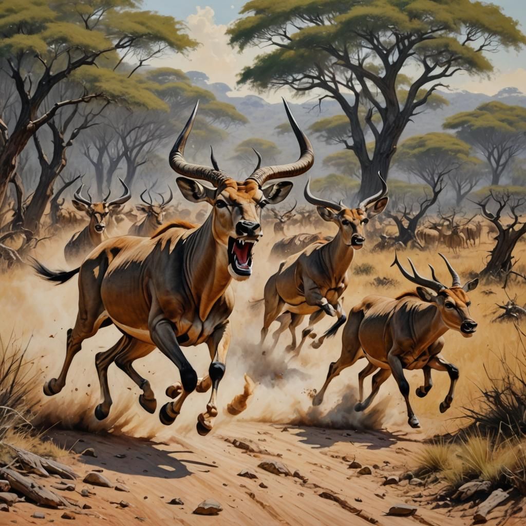 African Impalas Running: Jubilant Oil Painting