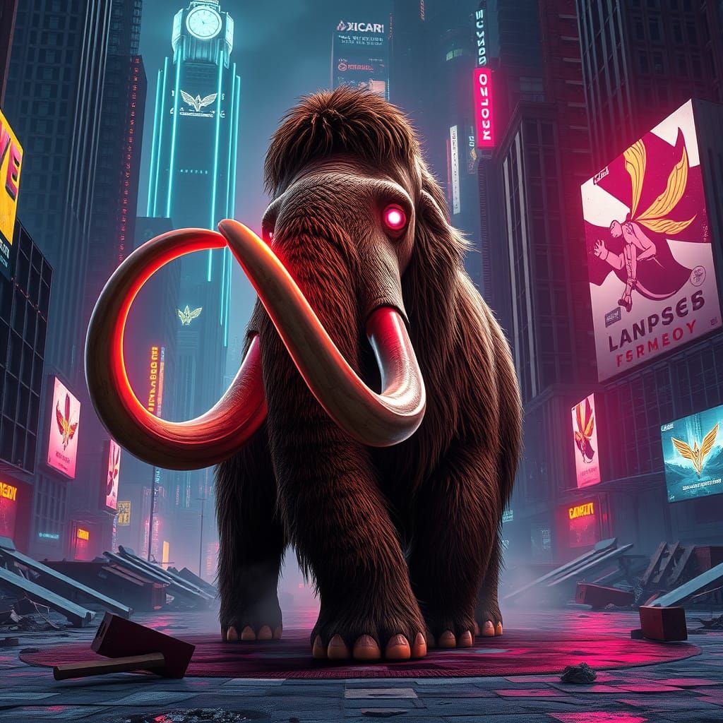 Neon Mammoth Roams Cyberpunk City in Synthwave Style
