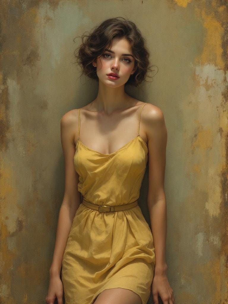 Brunette in Yellow Dress: Art Nouveau Portrait