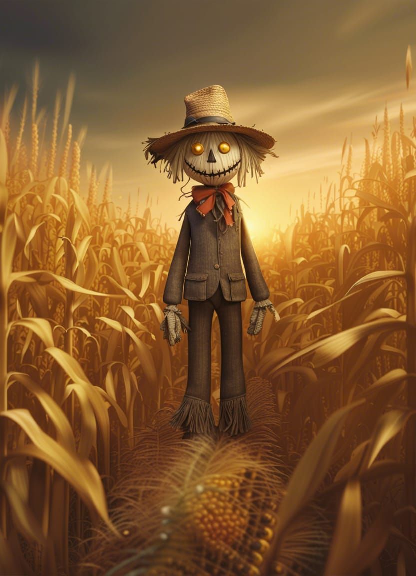 Cartoon Scarecrow in Corn Field Painting