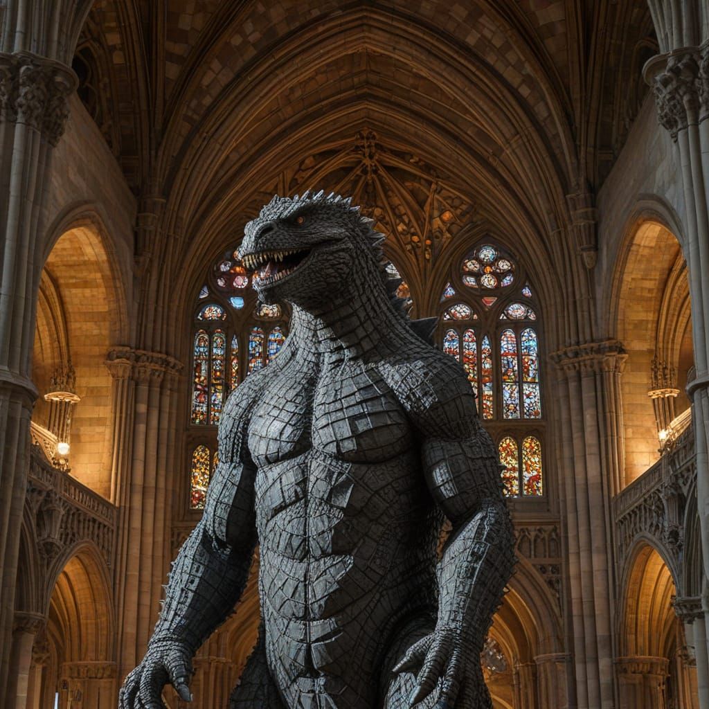 Godzilla in Gaudi Gothic Winchester Cathedral