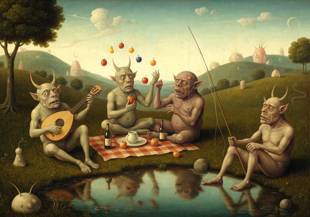 Bizarre Monsters Picnic by Tranquil Lake in Bosch Style