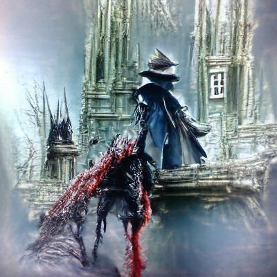 Bloodborne Hunter in Gothic Cityscape