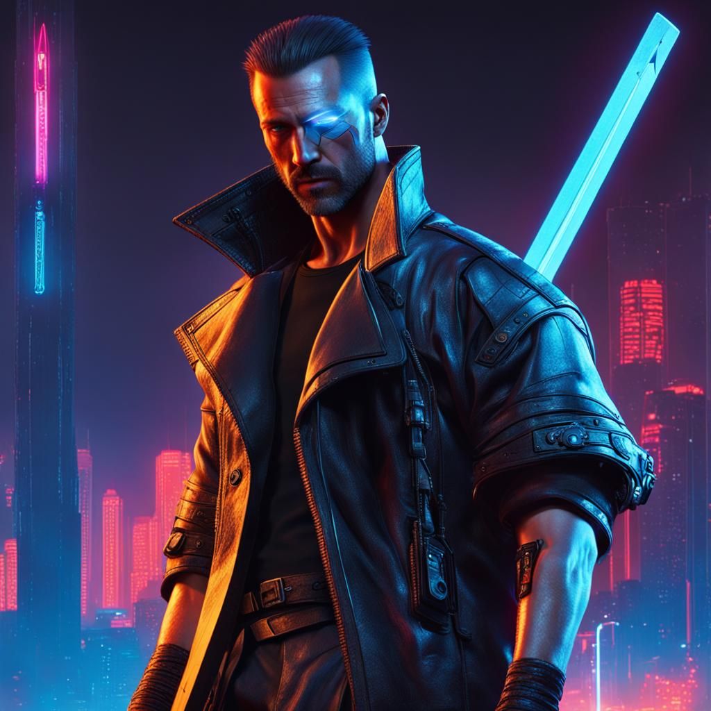 Cyberpunk Swordsman with Neon Blade