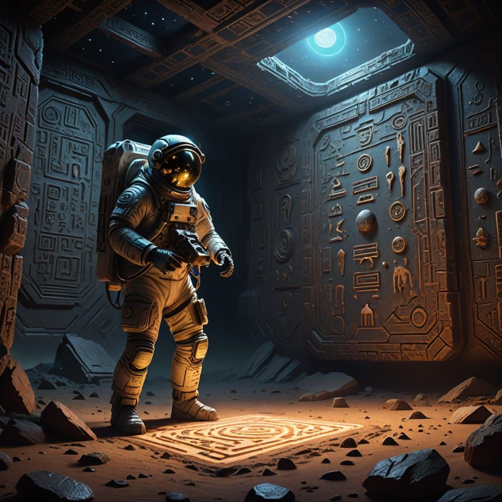 Astronaut and Alien Hieroglyphs in Echoing Chamber