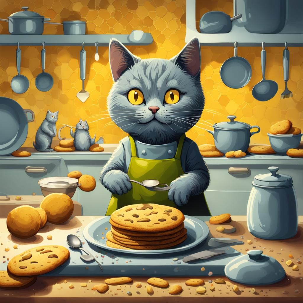 Chartreux Cat Bakes Cookies: Detailed Digital Art