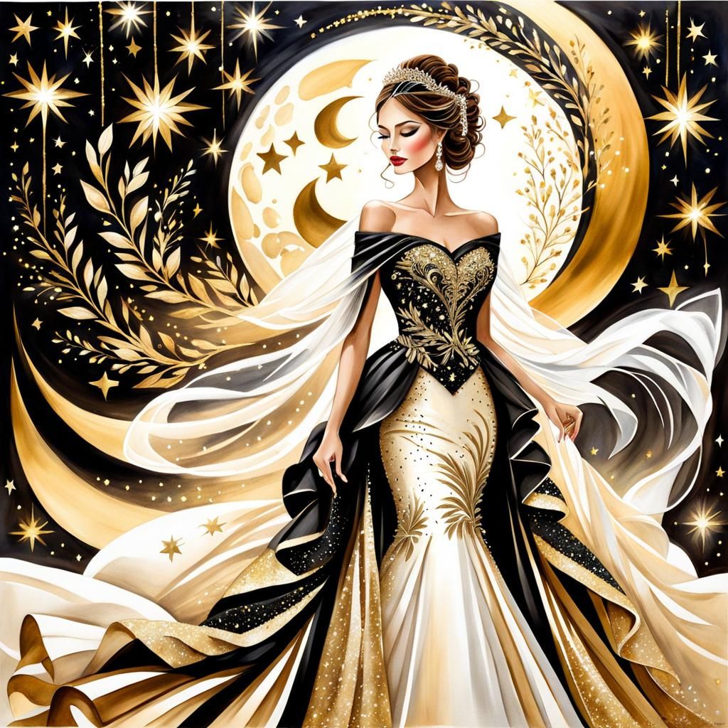 Ethereal Bride in Black and Gold Watercolor