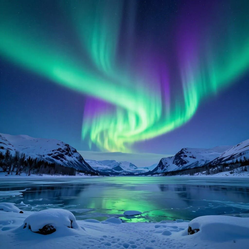Arctic Aurora Borealis Over Snowy Mountains