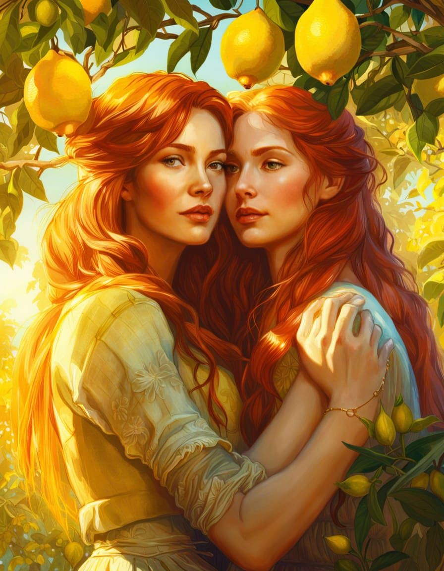 Redhead Women Embrace Under Lemon Tree: Digital Art