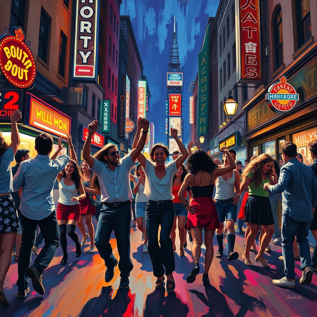 Joyful City Night Dance in Urban Expressionist Style
