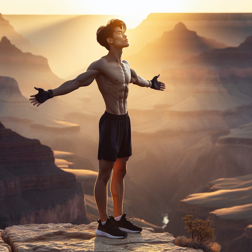Asian Man Embraces Sunrise at Grand Canyon