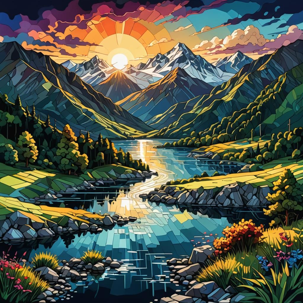 Cubist Summer Landscape with Lake and Mountains