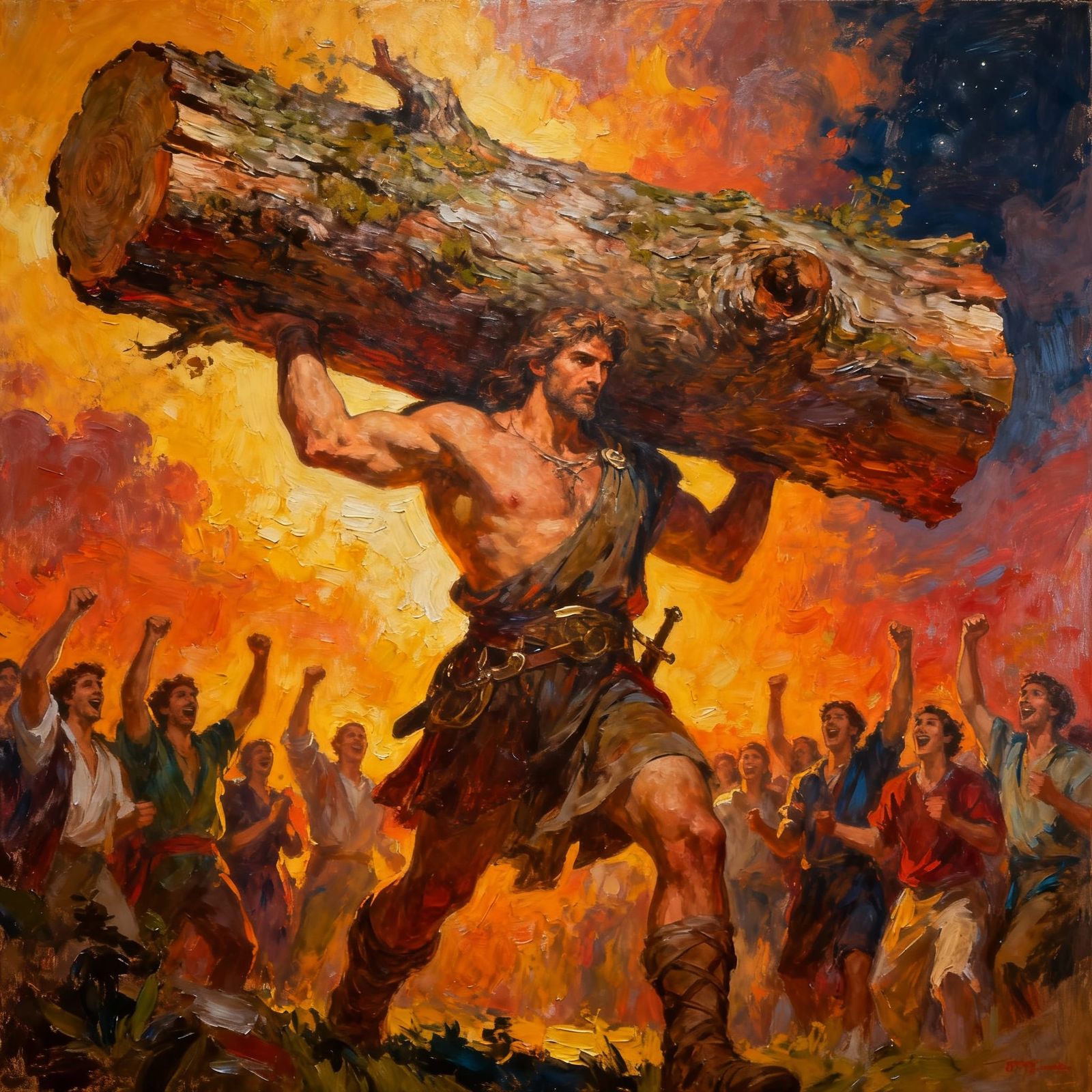 Oil Painting Mural of Caupolican Carrying Tree Trunk