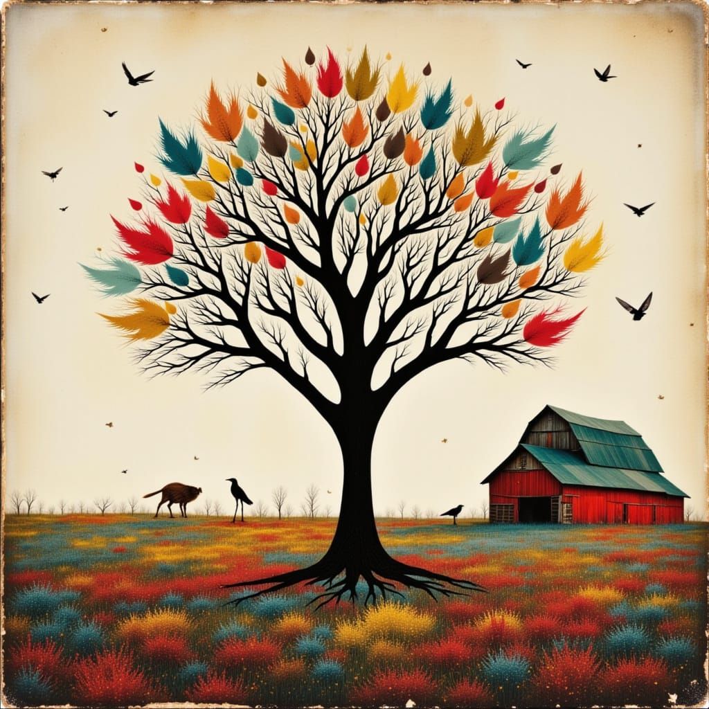 Mixed Media Collage of Rural Barn Scene