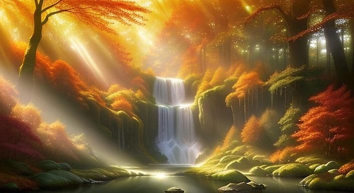 Enchanted Autumn Forest with Glittering Waterfall