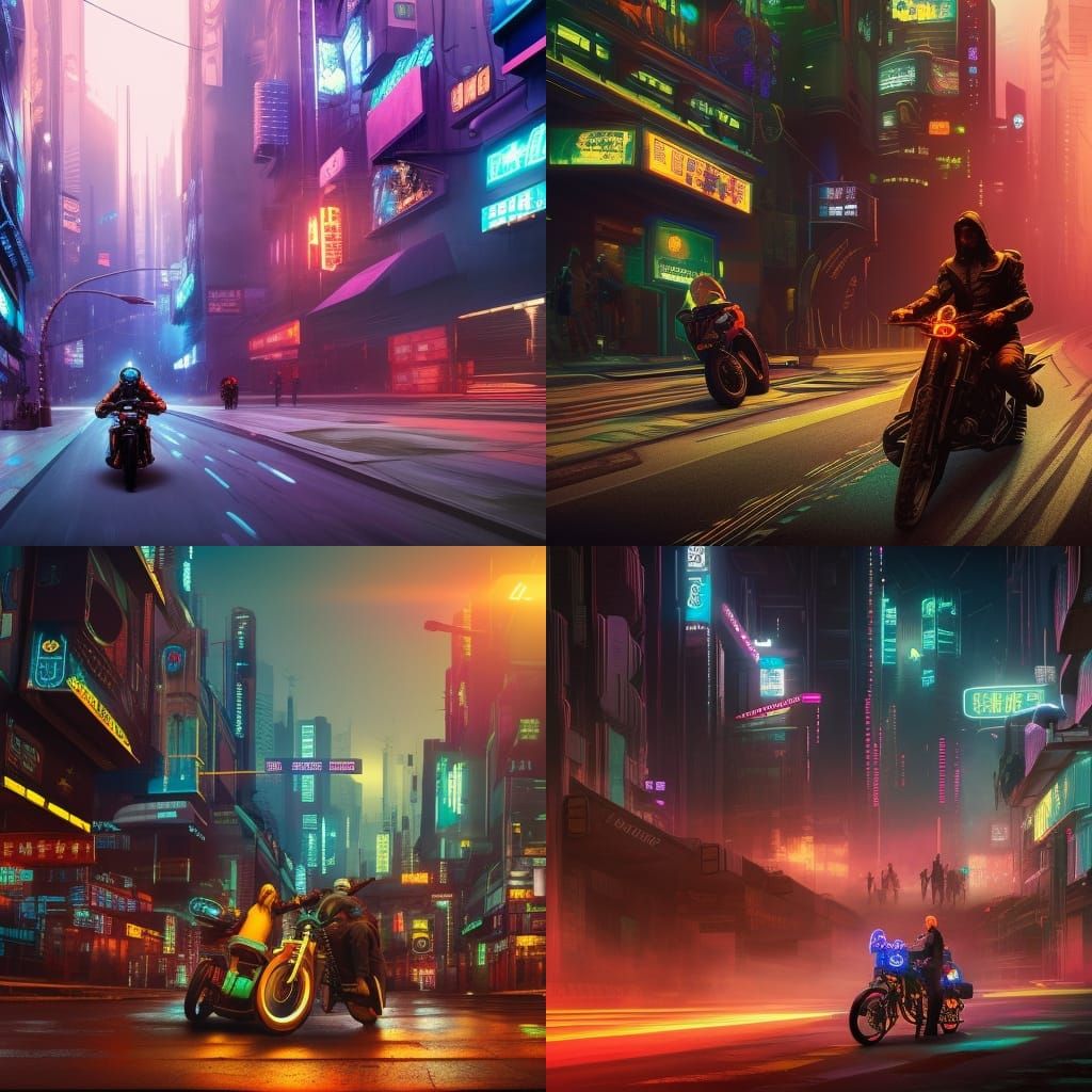 Cyberpunk City Street with Motorbike: Detailed Matte Paintin...