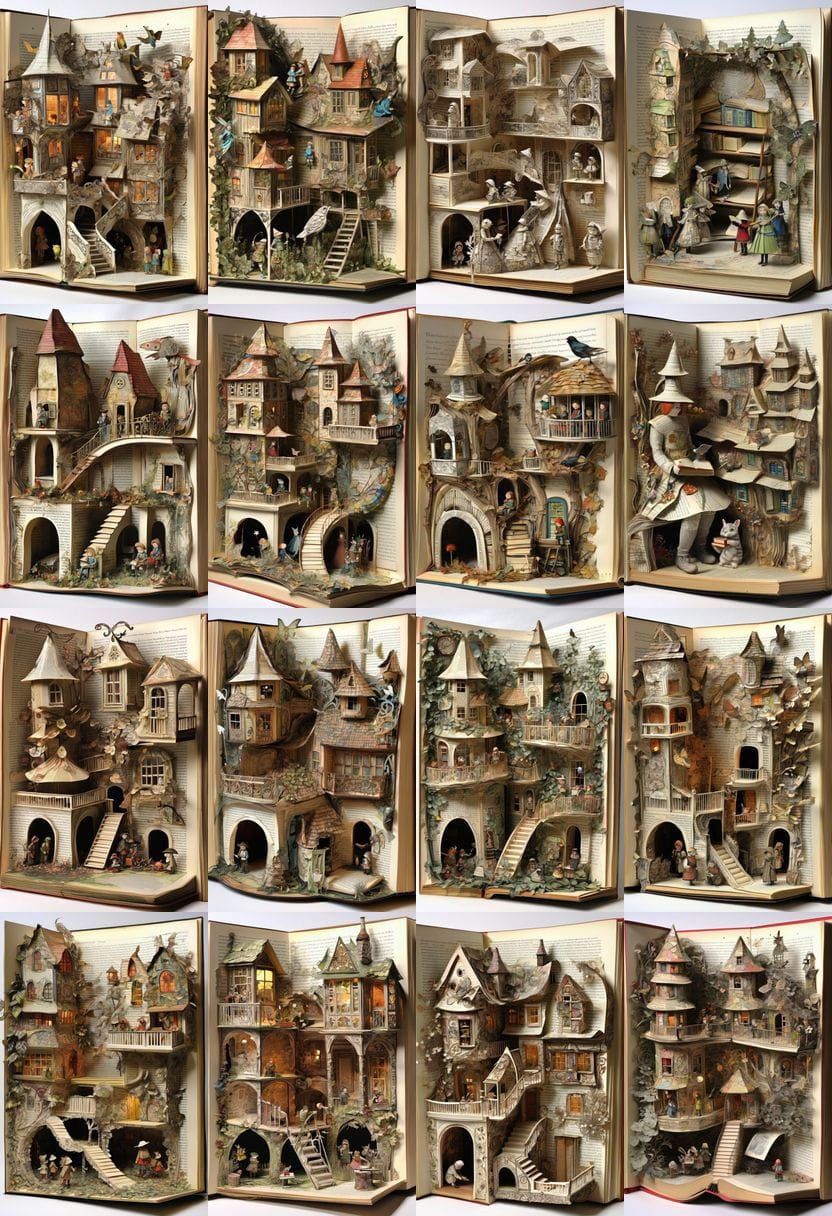 Carved Book Sculpture of Reading Room with Fairy Tale Charac...