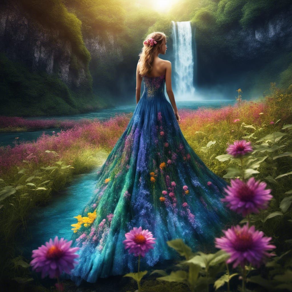 Wildflower Dress on Fantasy Waterfall Background