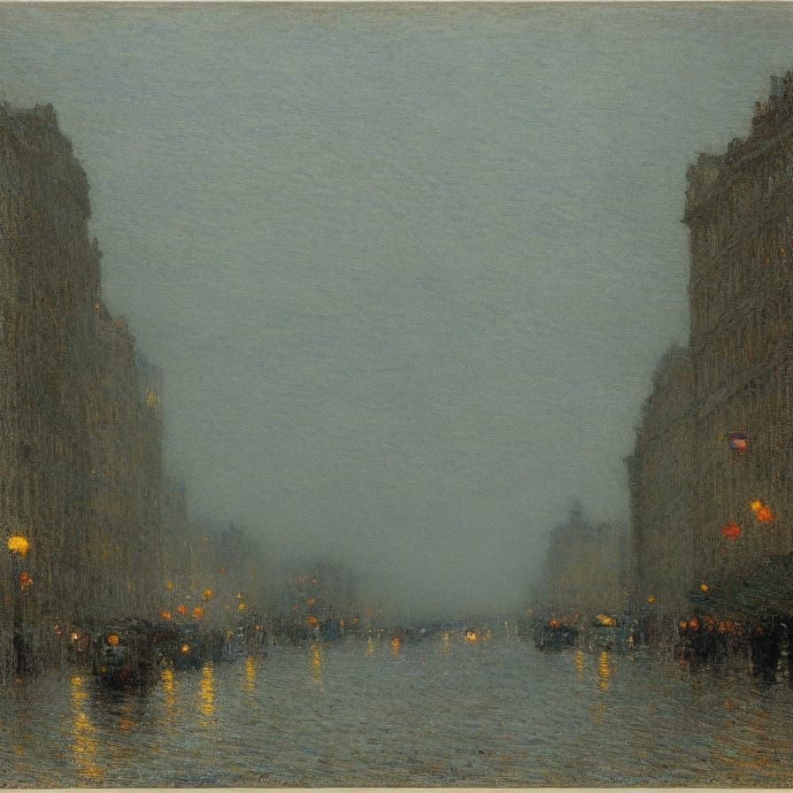 Foggy Cityscape Nocturne in Impressionist Style