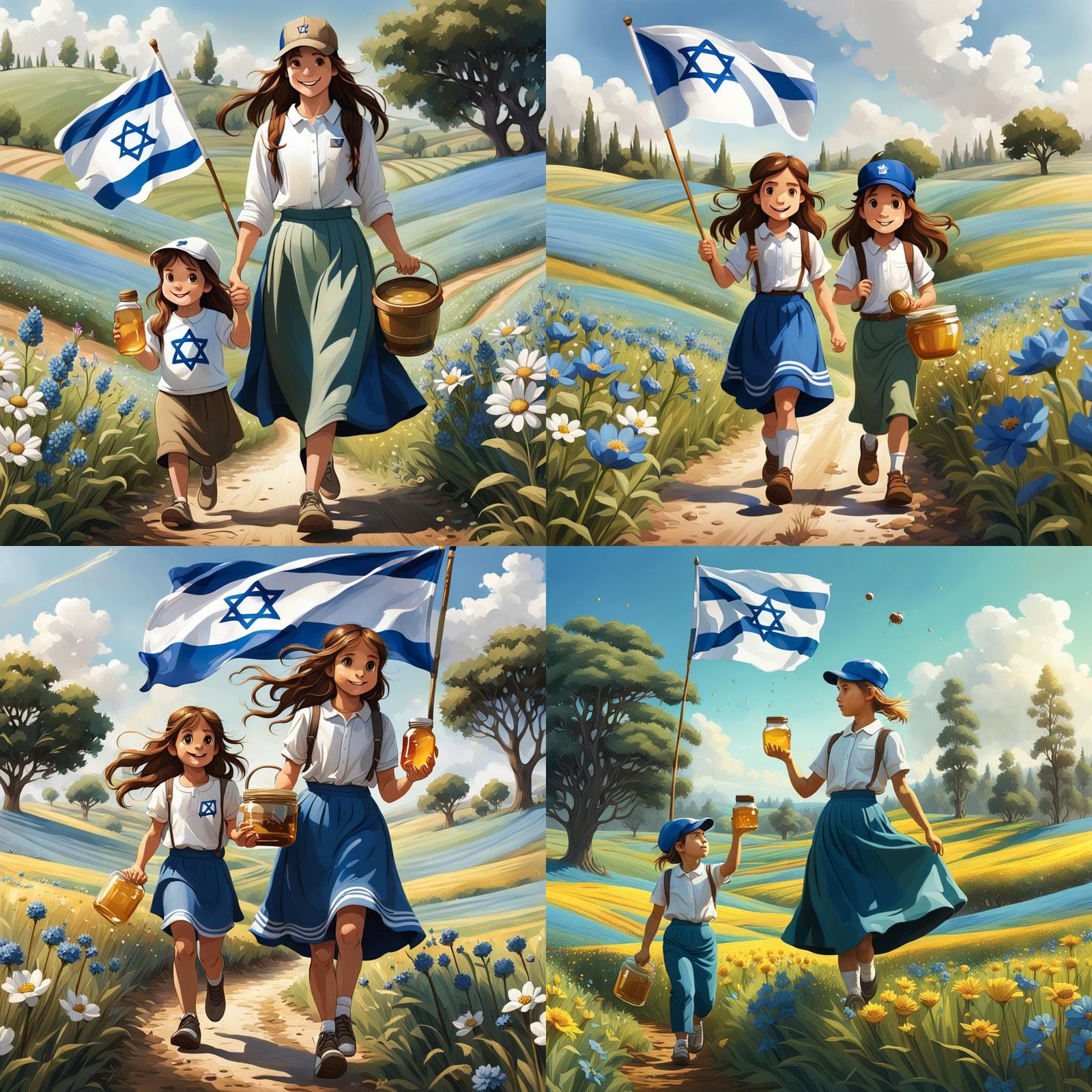 Children in Field with Israeli Flag and Honey, Fantasy Art