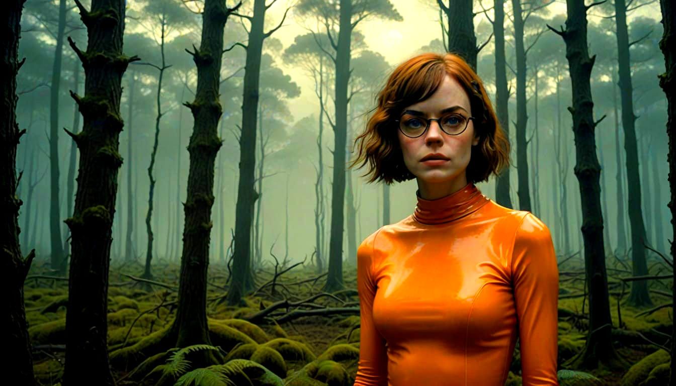 Emma Stone as Velma Dinkley in a Mysterious Misty Forest