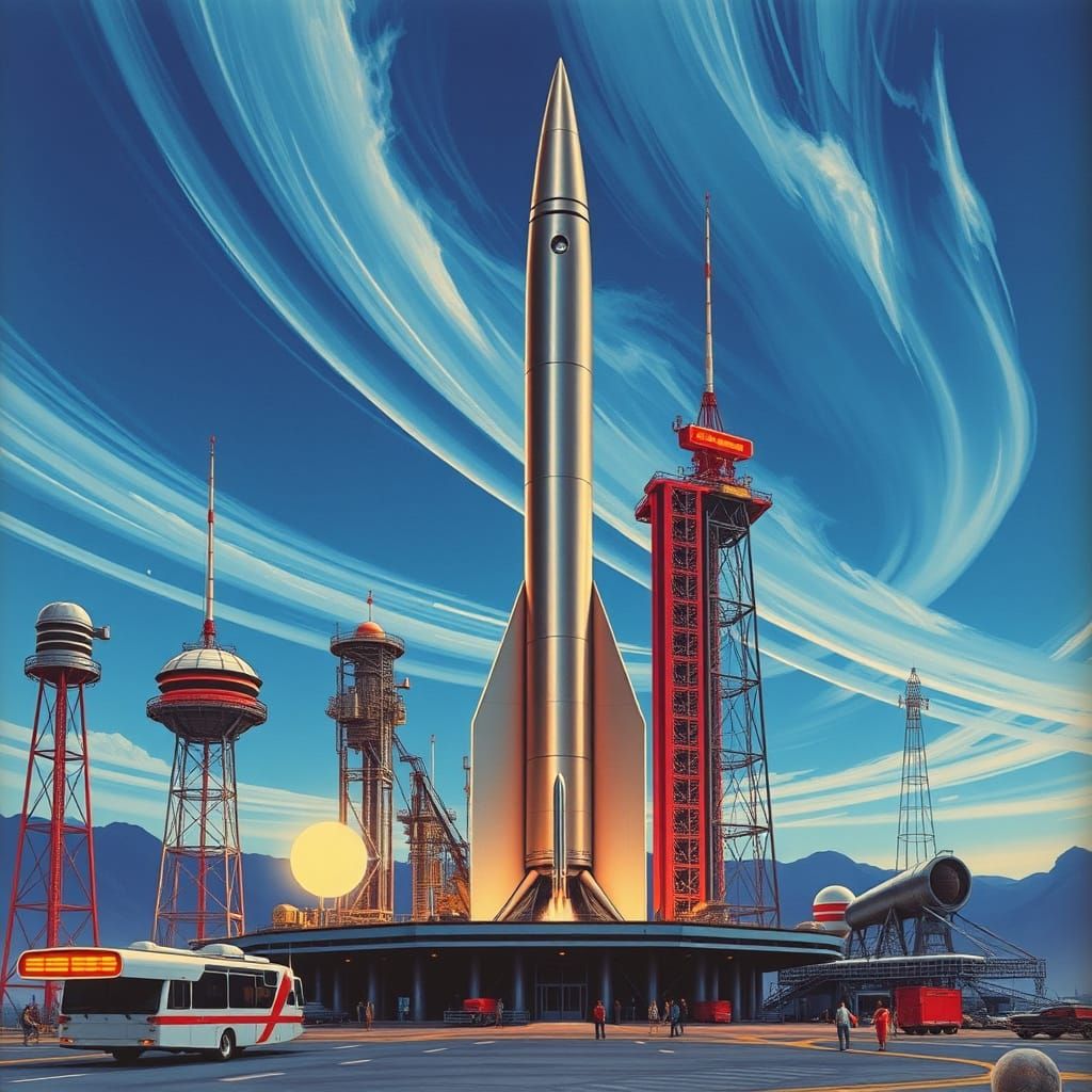 Classic Sci-Fi Rocket Launchpad in Retro-Futuristic Style