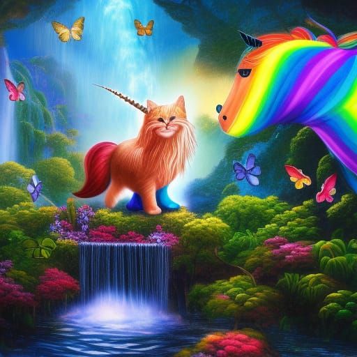 Rainbow Unicorn Cat by Waterfall: Fantasy Art