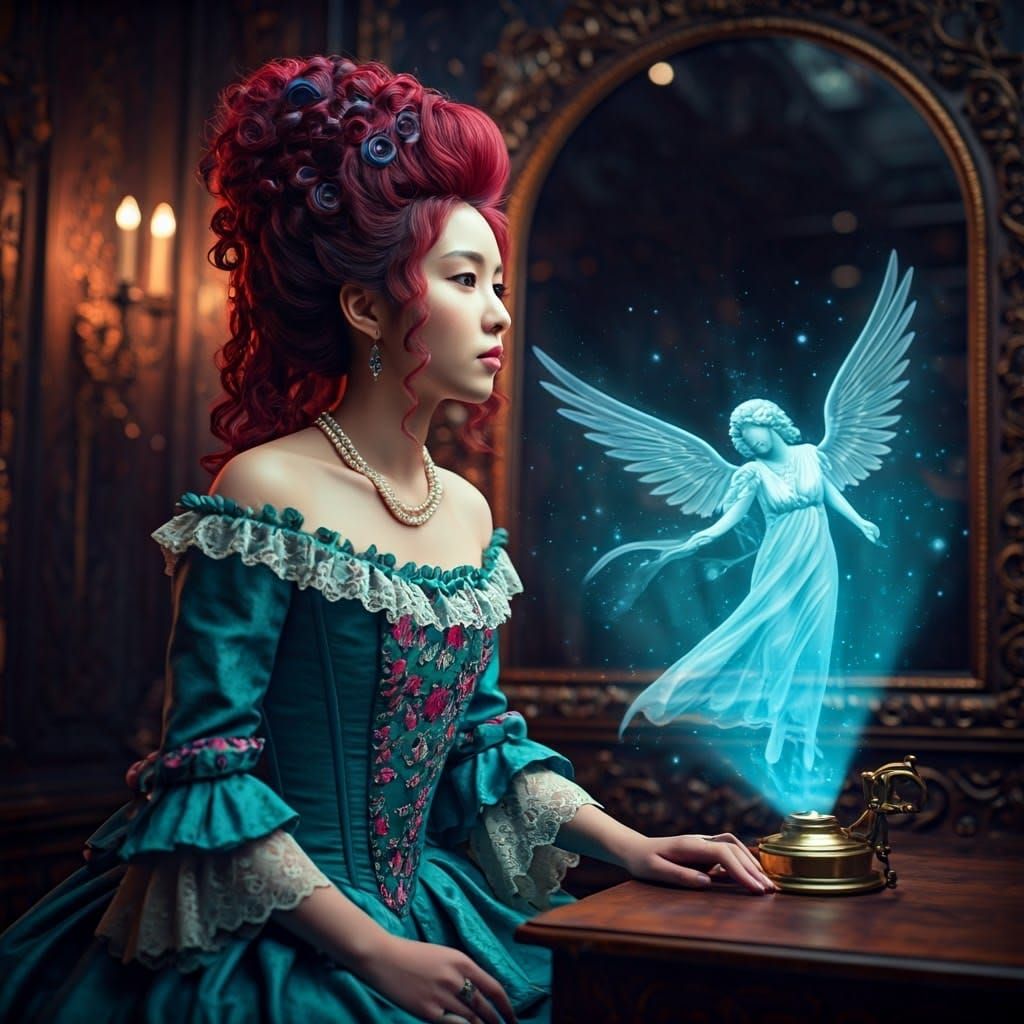 Young Asian Woman in Vintage Gown with Magical Projections