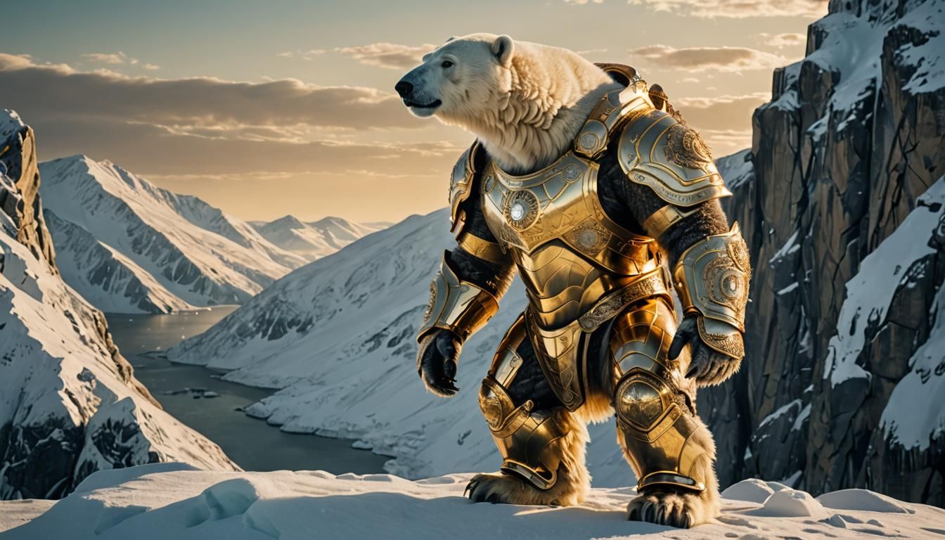 Polar Bear in Gold Armor on Snowy Cliff