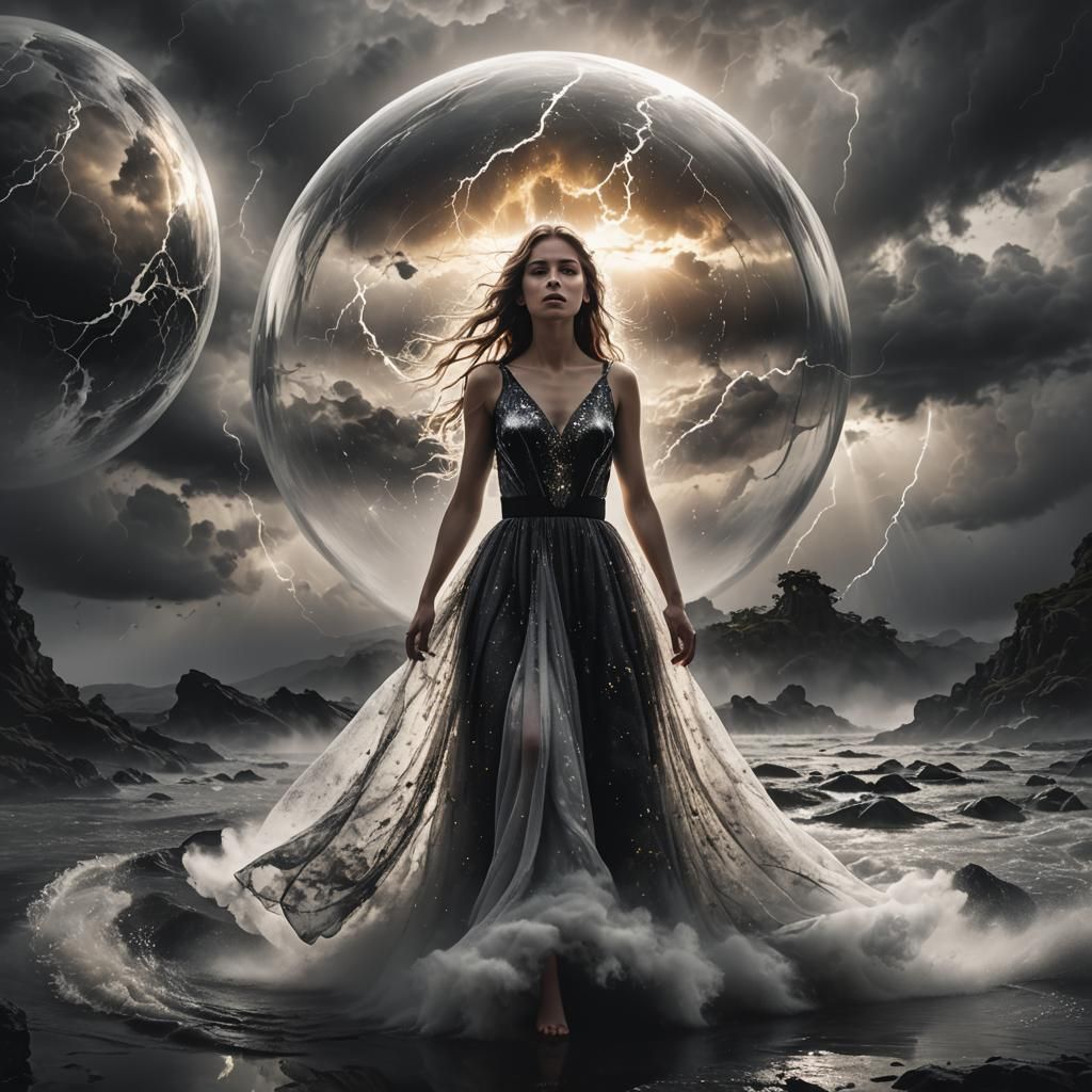 Mystical Orb: Serene Girl Amidst Chaotic Reflections