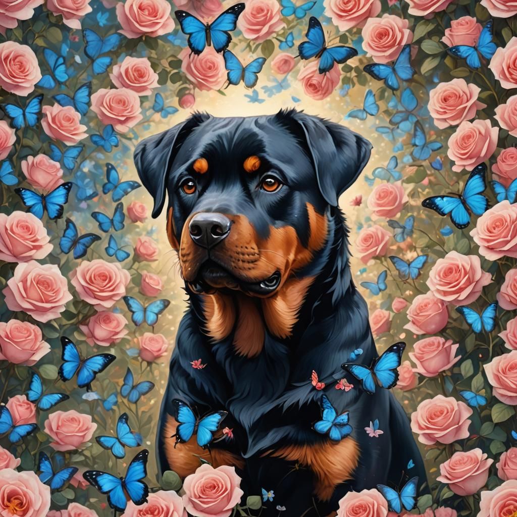 Anime Rottweiler Portrait in Rose Field