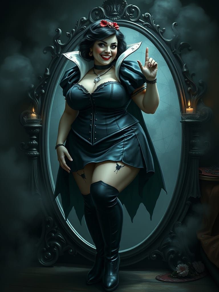 Ominous Snow White in Leather Supervillain Attire