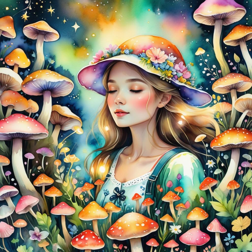 Dreamlike Watercolor: Woman in Luminous Mushroom Forest