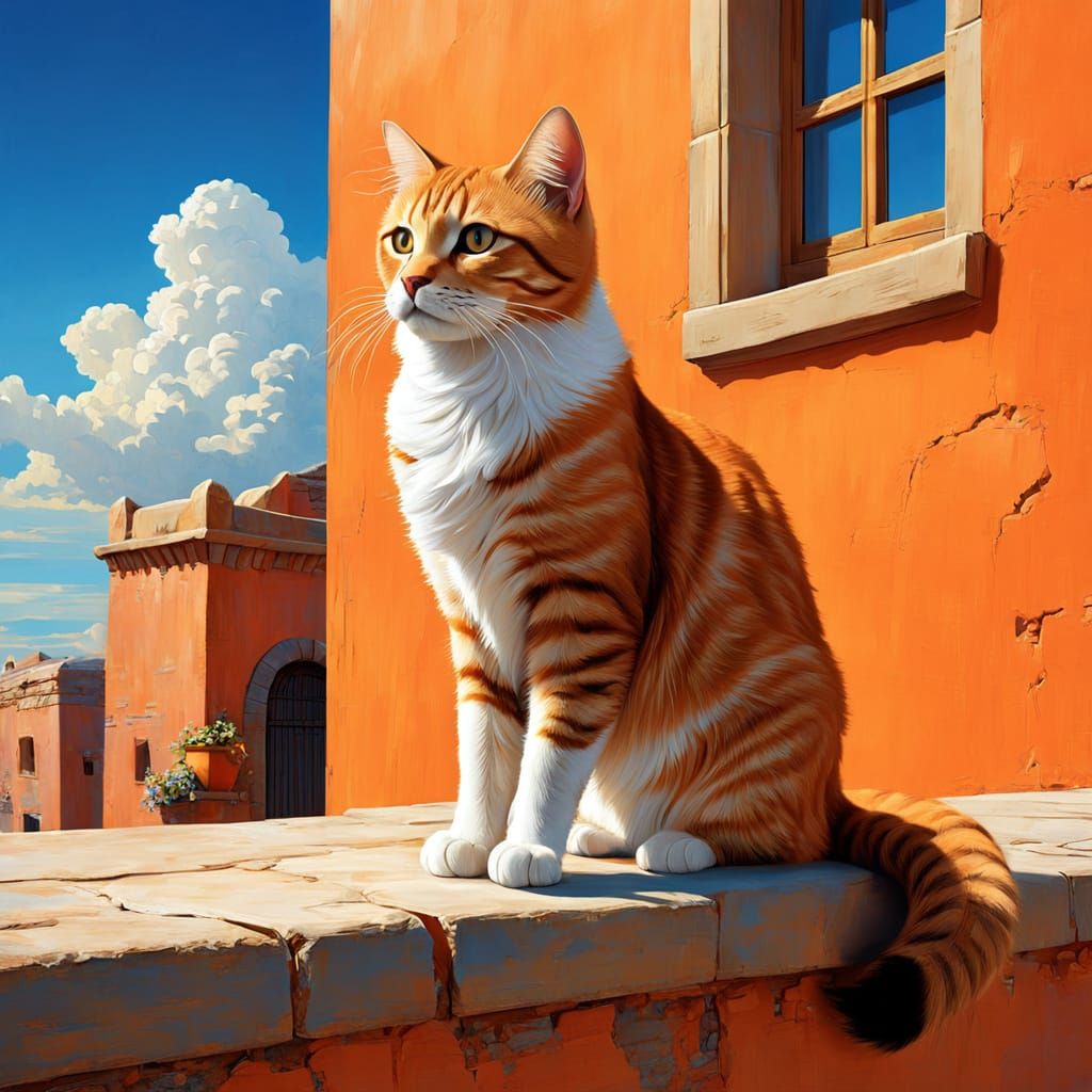 Exotic Orange Feline Reigns Over a Vibrant Wall in a Dreamli...