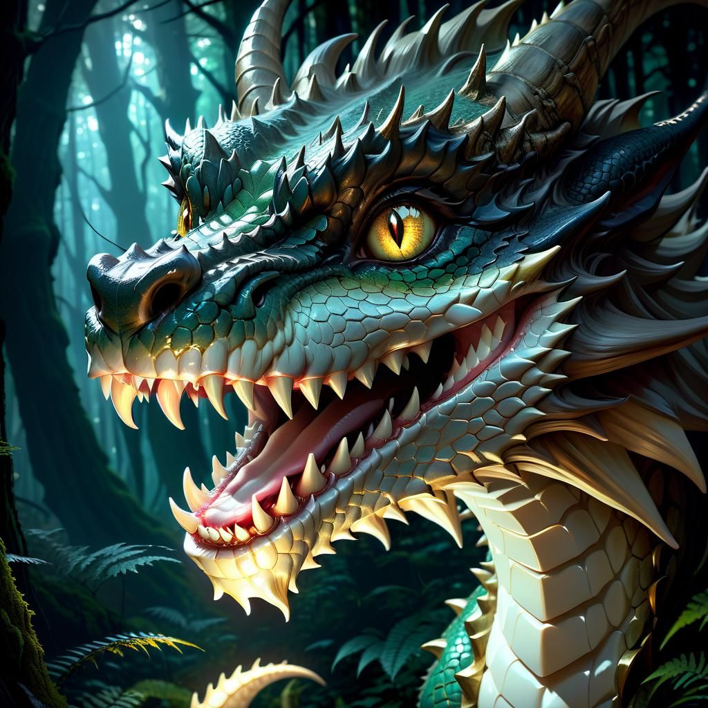 Mythical Dragon Portrait in Dark Forest, Anime Style