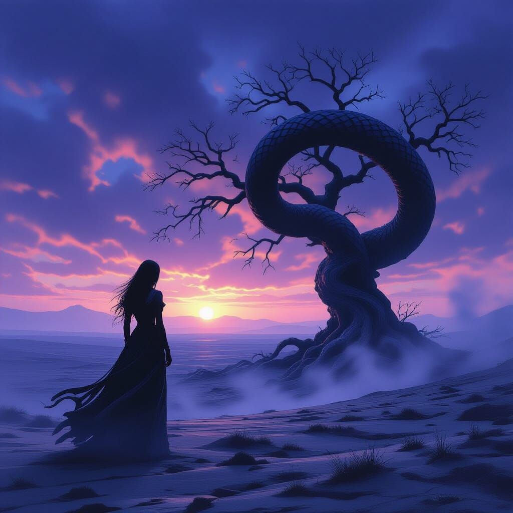 Solitary Woman in Mist Under Twilight Sky with Obsidian Snak...