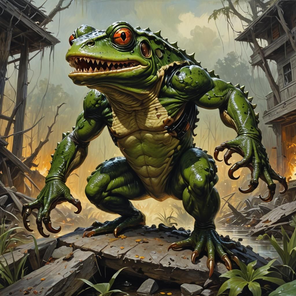 Sinister Killer Frog Building in Oil Painting Style