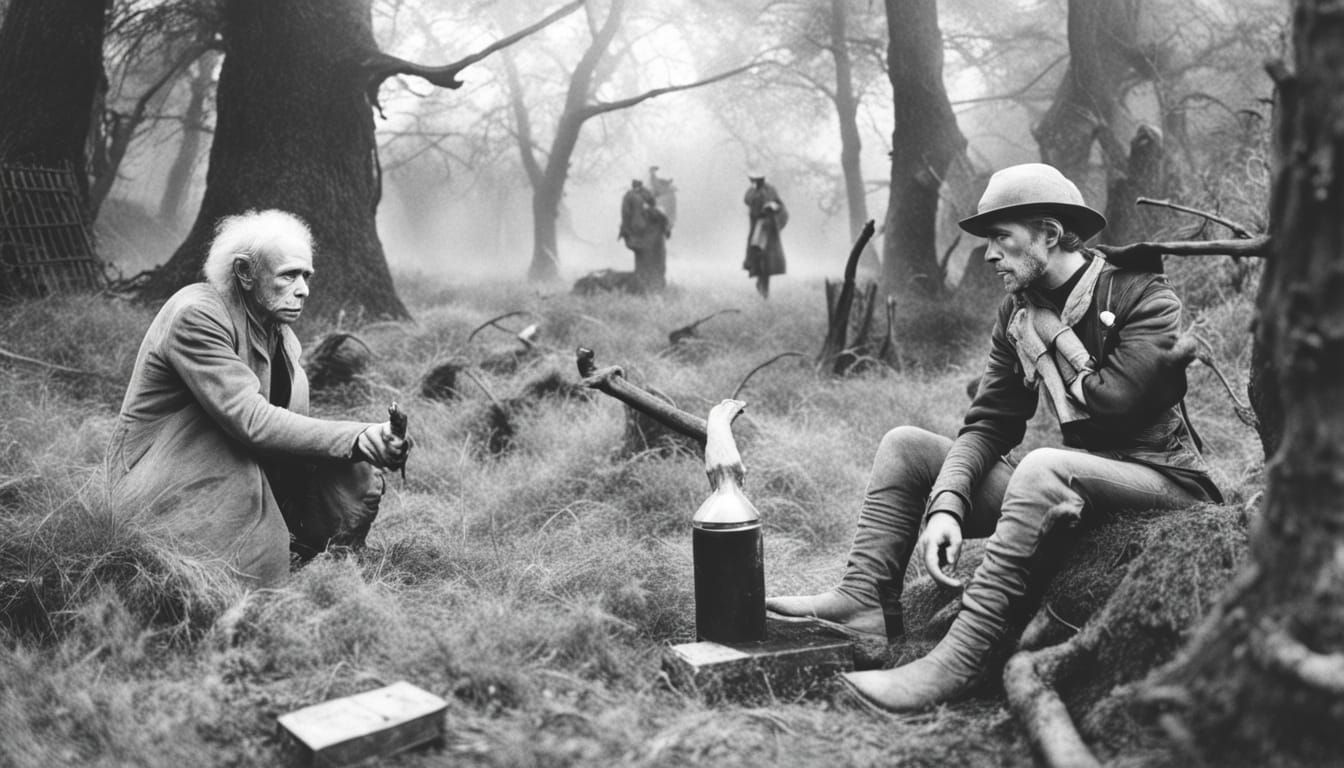 Dark Fantasy Forest Scene with Monkeys and Pigs