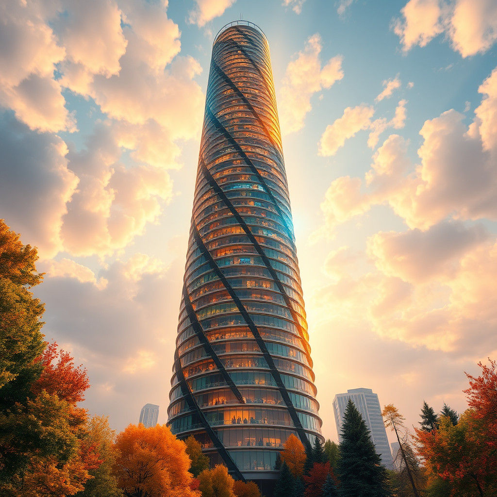 בנין גבוה 75 קומות בספירלה מראה שרואים את כל העונות על המראות למטה שמש קיץ יותר גבוה סתיו יותר גבוה חורף עד רקיע