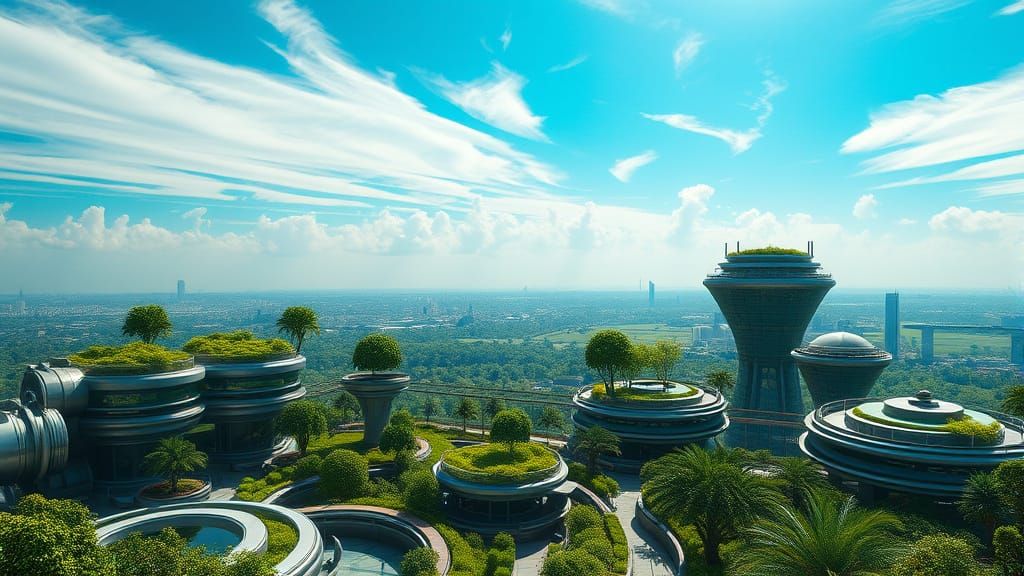 Futuristic Rooftop Oasis in a Serene, Verdant Cityscape