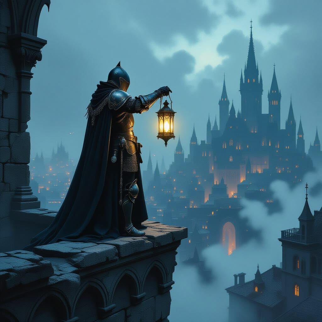Knight with Lantern in Gothic Cityscape