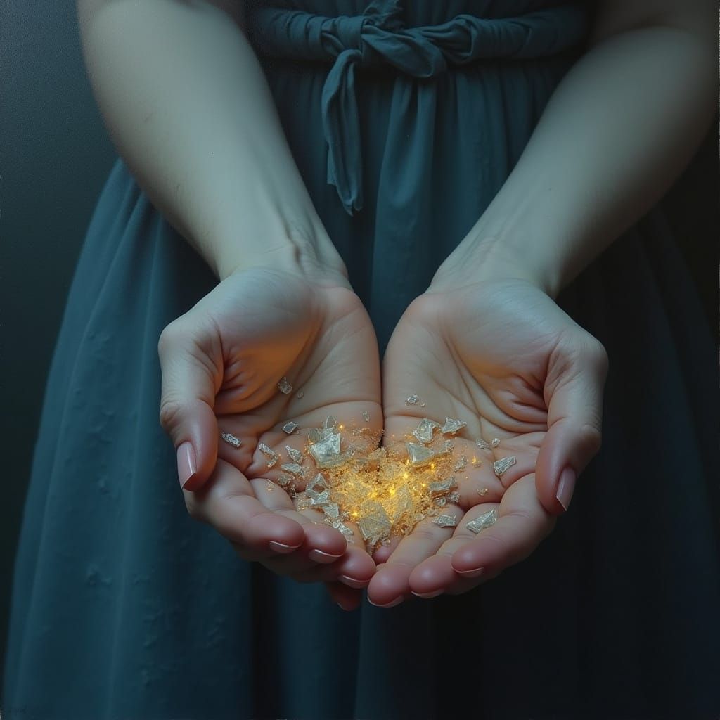 Woman's Hands Healing Broken Trust, Surreal Expressive Reali...