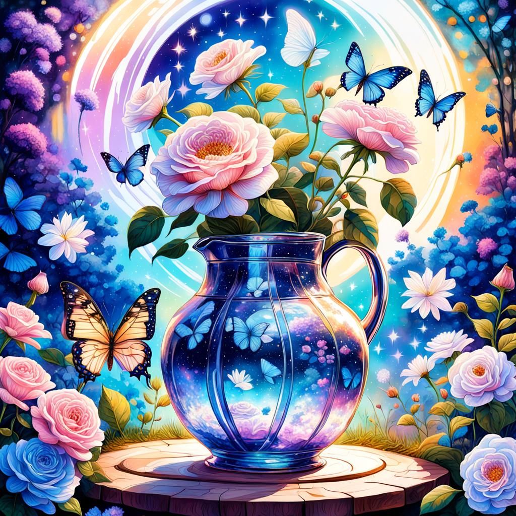 Holographic Carafe in Floral Garden, Mixed Media Art