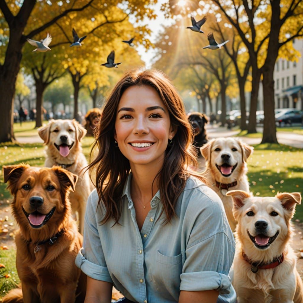 Happy Dogs and Birds in a Sunny Park Portrait