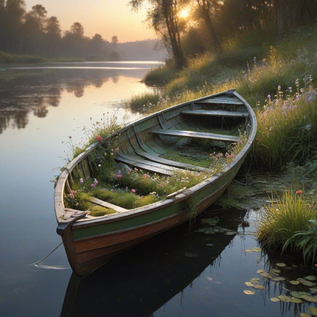 Wildflower Rowboat at Dawn: Digital Matte Painting
