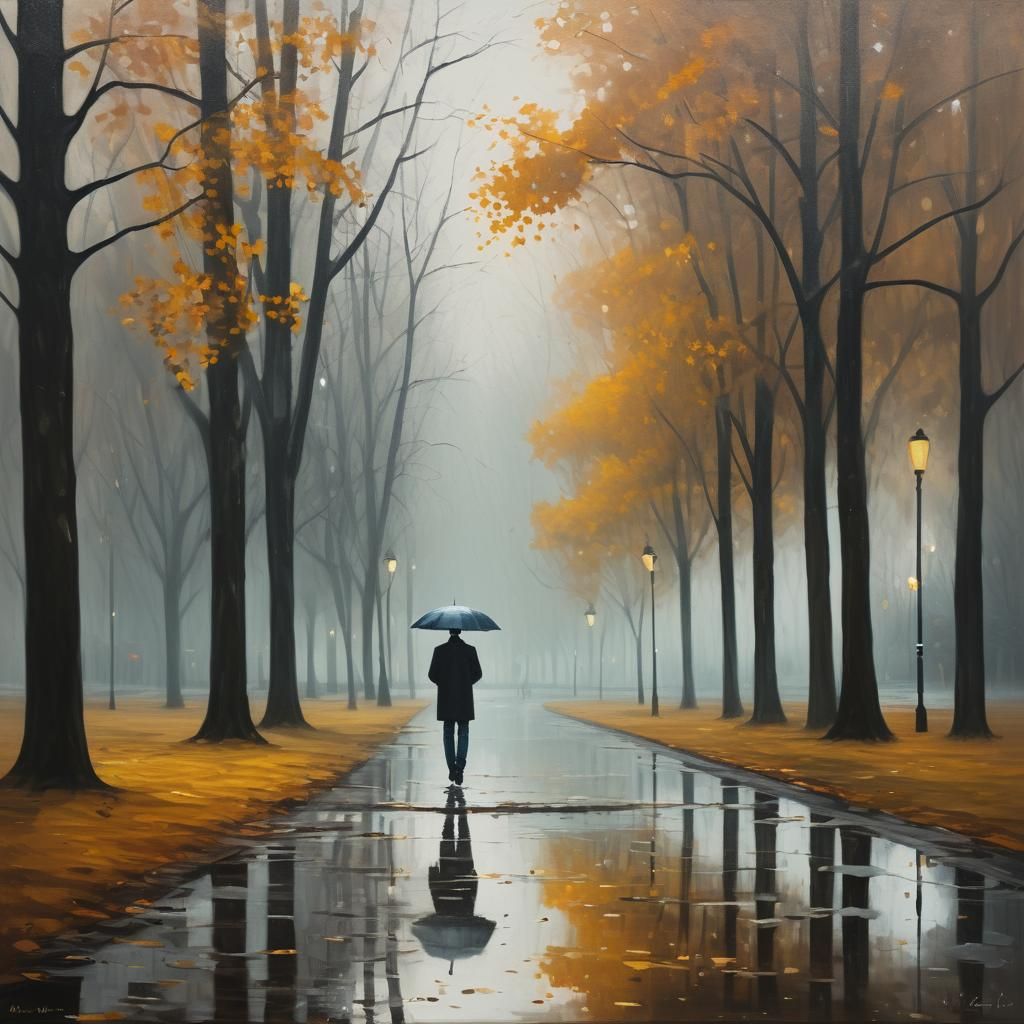 Autumnal Park Scene in Atmospheric Oil Painting Style