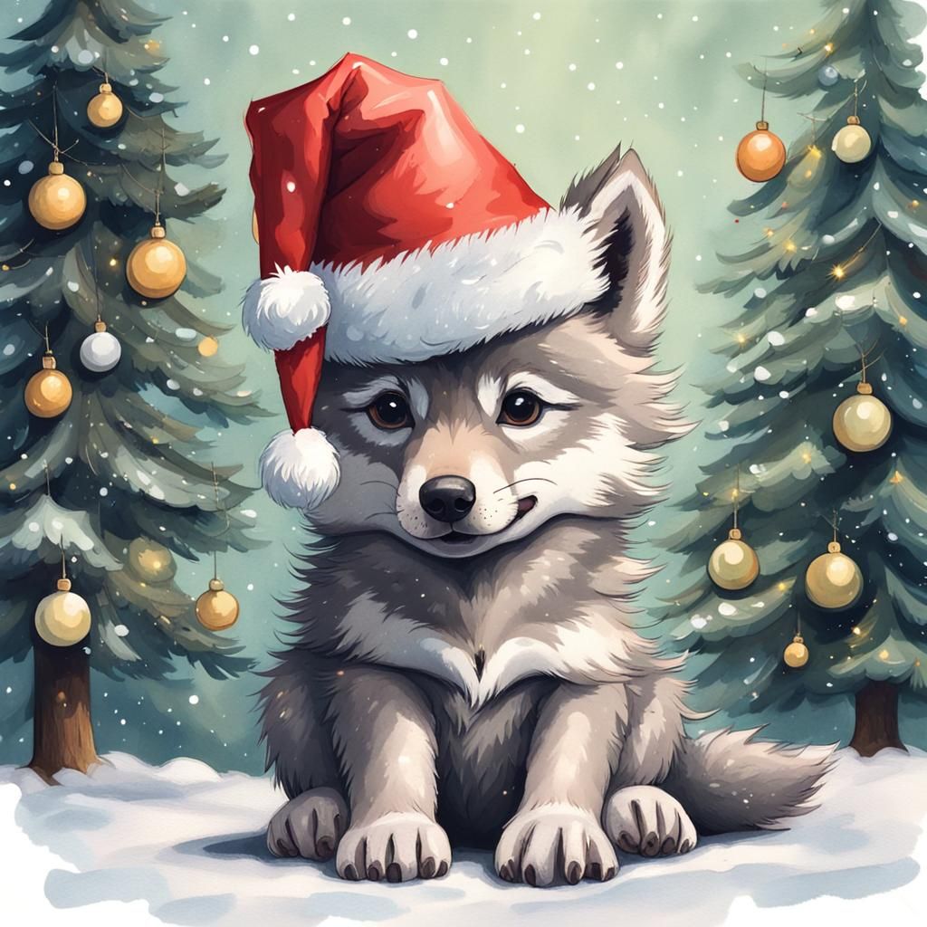 Cute Baby Wolf in Christmas Hat Gouache Painting