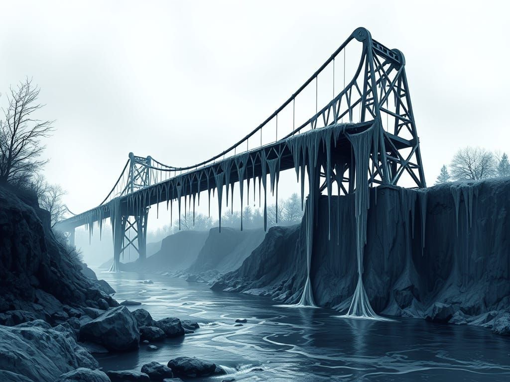 A surreal melting steel bridge, drips falling into the river